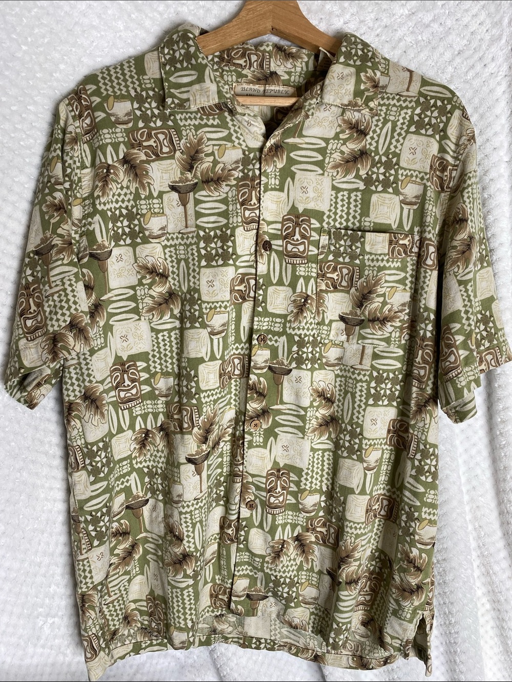 Island Republic Olive & Beige Hawaiian tiki bar Style Button Up silk Shirt